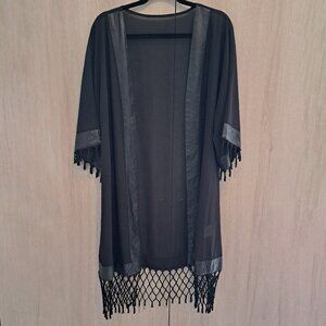 Black sheer kimono with fringes pleather accents